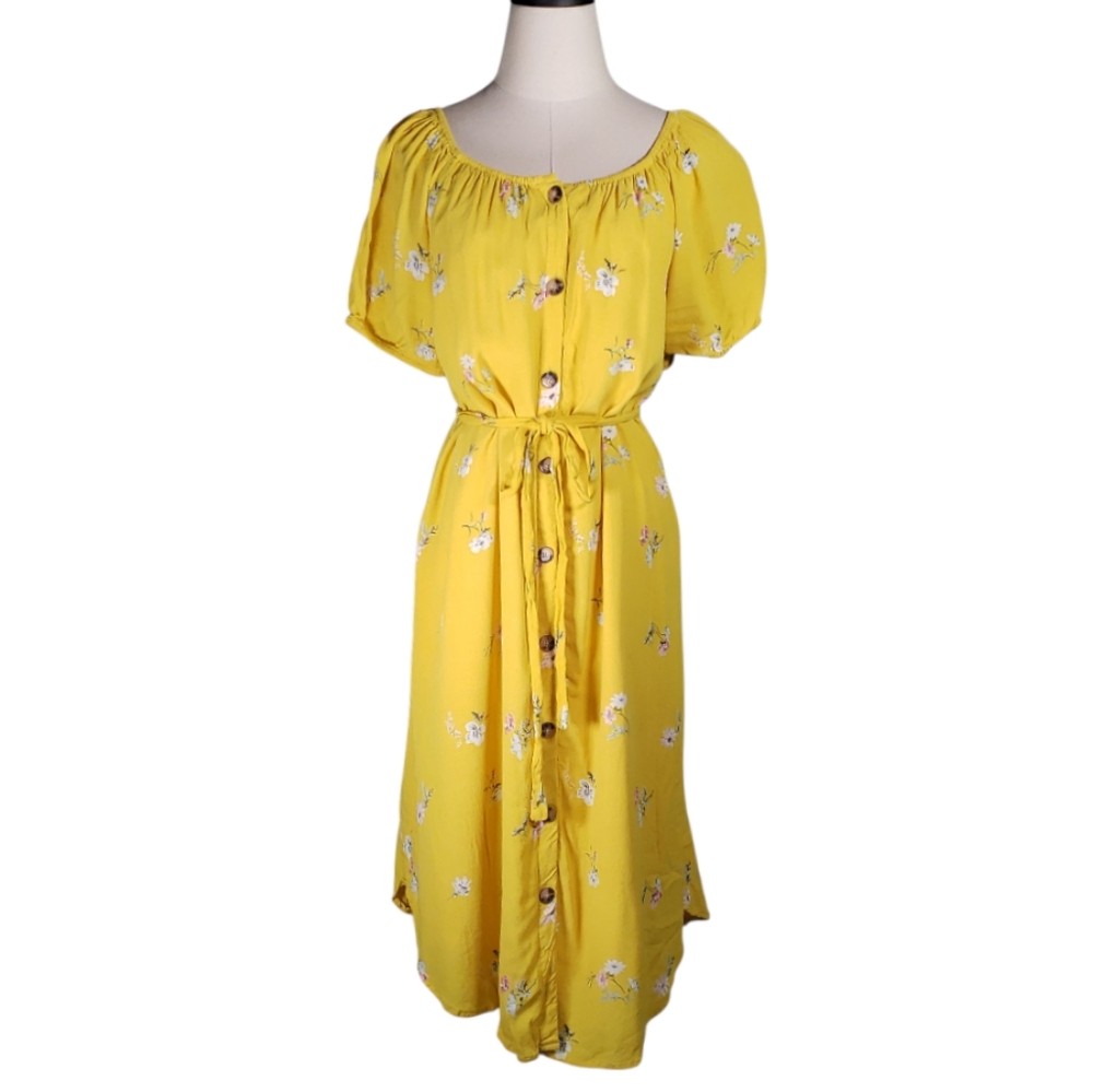 Vtg Puff Sleeve Scoop Neckline Floral Shirt Dress Cottage Church Wedding Guest L